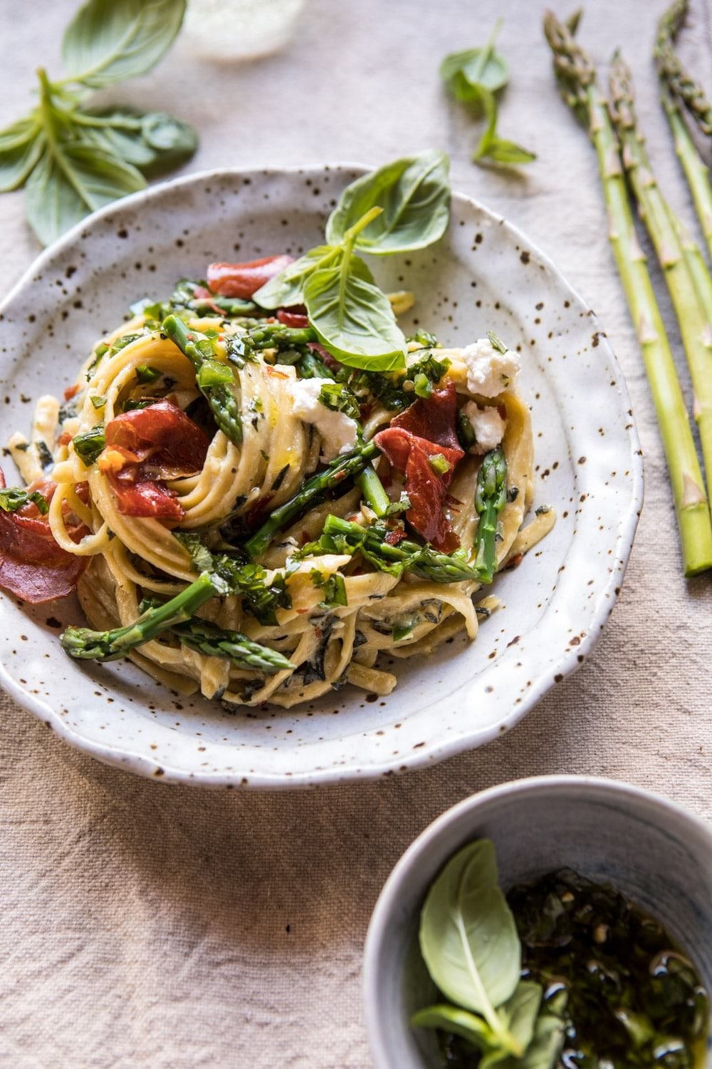 Asparagus pasta with prosciutto.