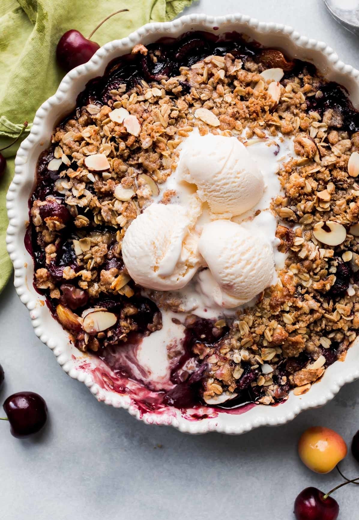 A cherry crisp in a baking dish.