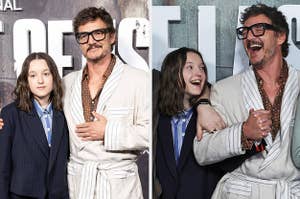 Bella Ramsey and Pedro Pascal laughing on a red carpet