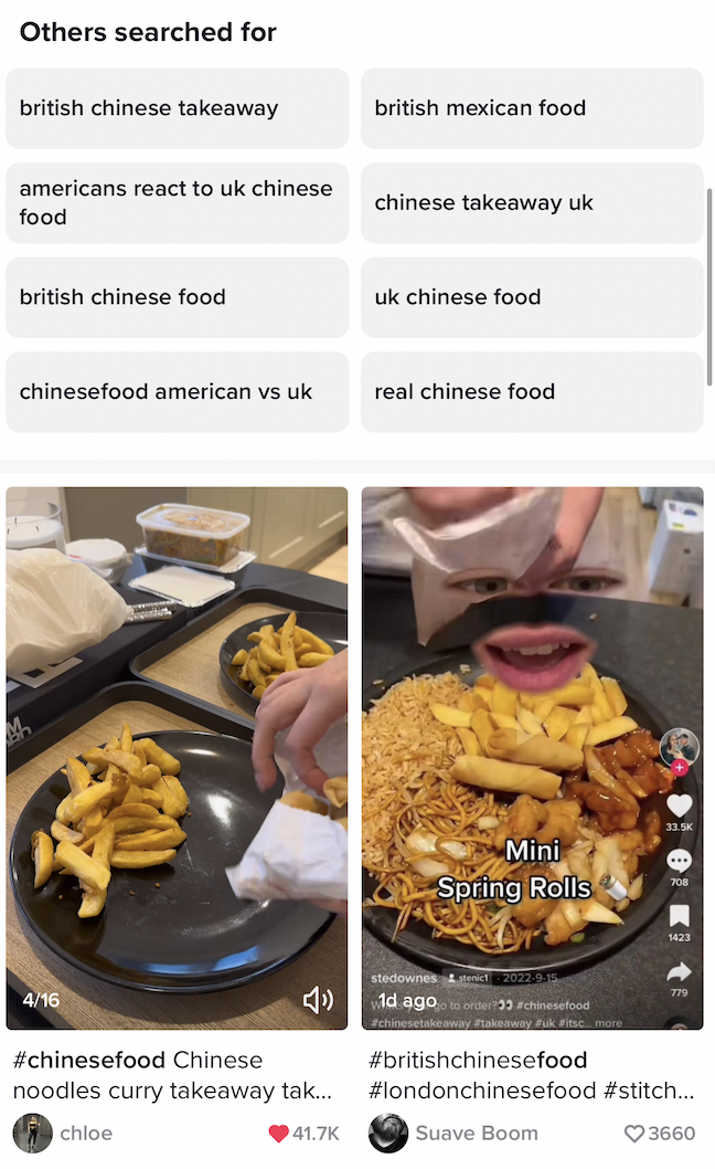 various searches related to british chinese food and videos that come up when you search for it