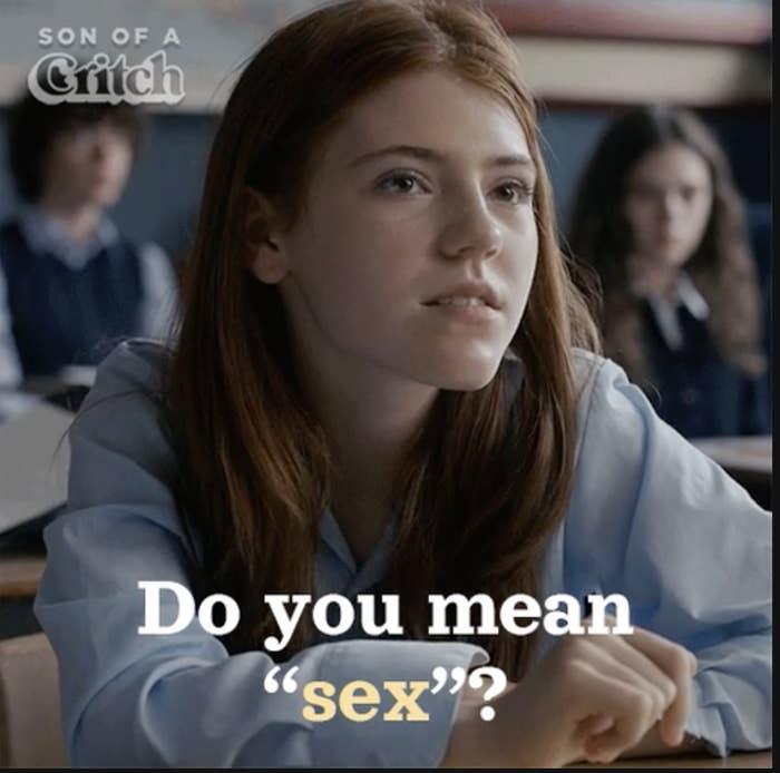A girl in a classroom saying, &quot;Do you mean sex?&quot;