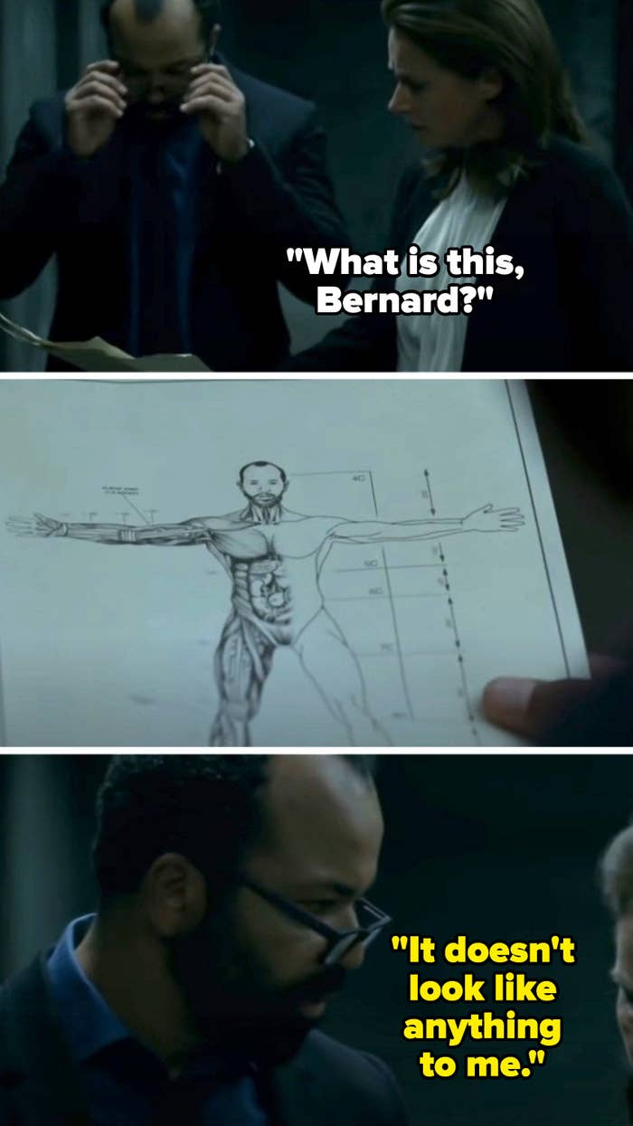 Bernard looking at a drawing of a human body and saying &quot;It doesn&#x27;t look like anything to me&quot;