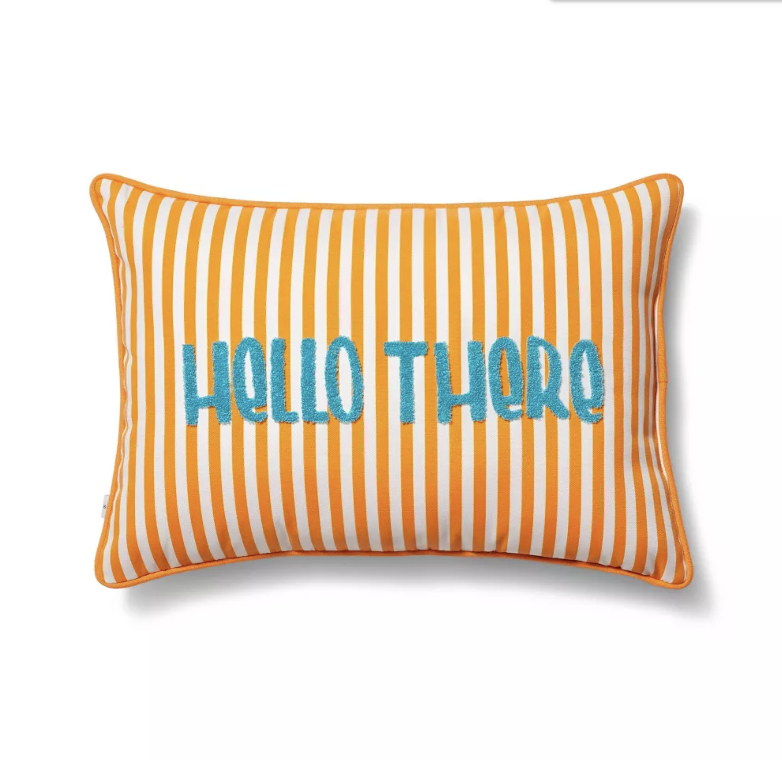 Striped pillow that says hello there on it