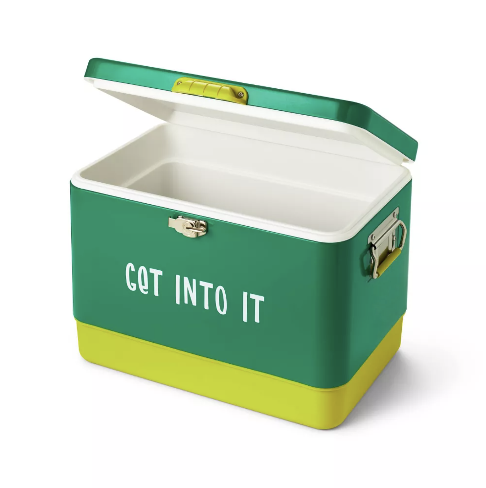 Green cooler that says get into it
