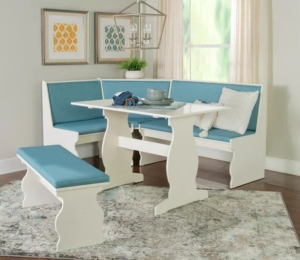 the white and blue breakfast nook