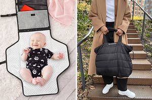 on left: baby laying down on portable diaper changing station that folds into a clutch. on right: puffy black Marimekko tote in woman's hands