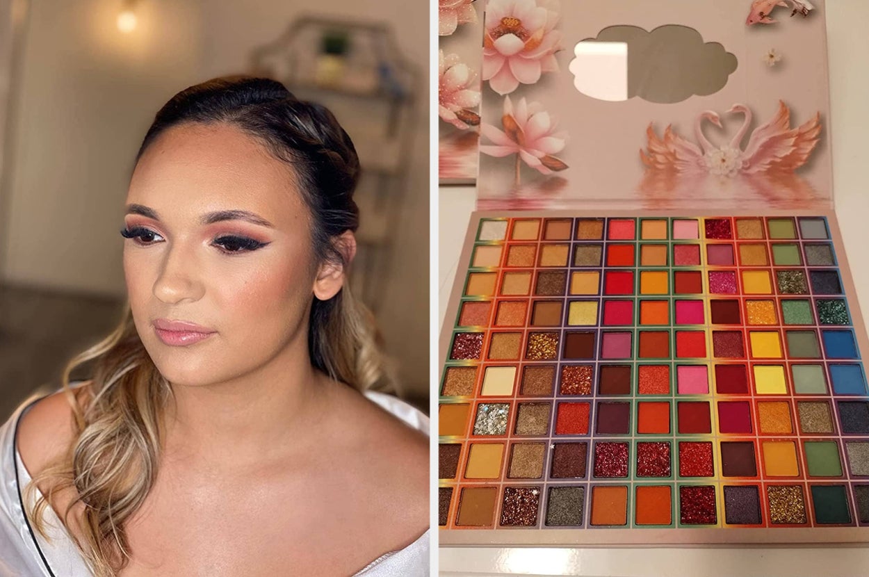 on left: reviewer wearing makeup look created with beauty sponges. on right: colorful eyeshadow palette 