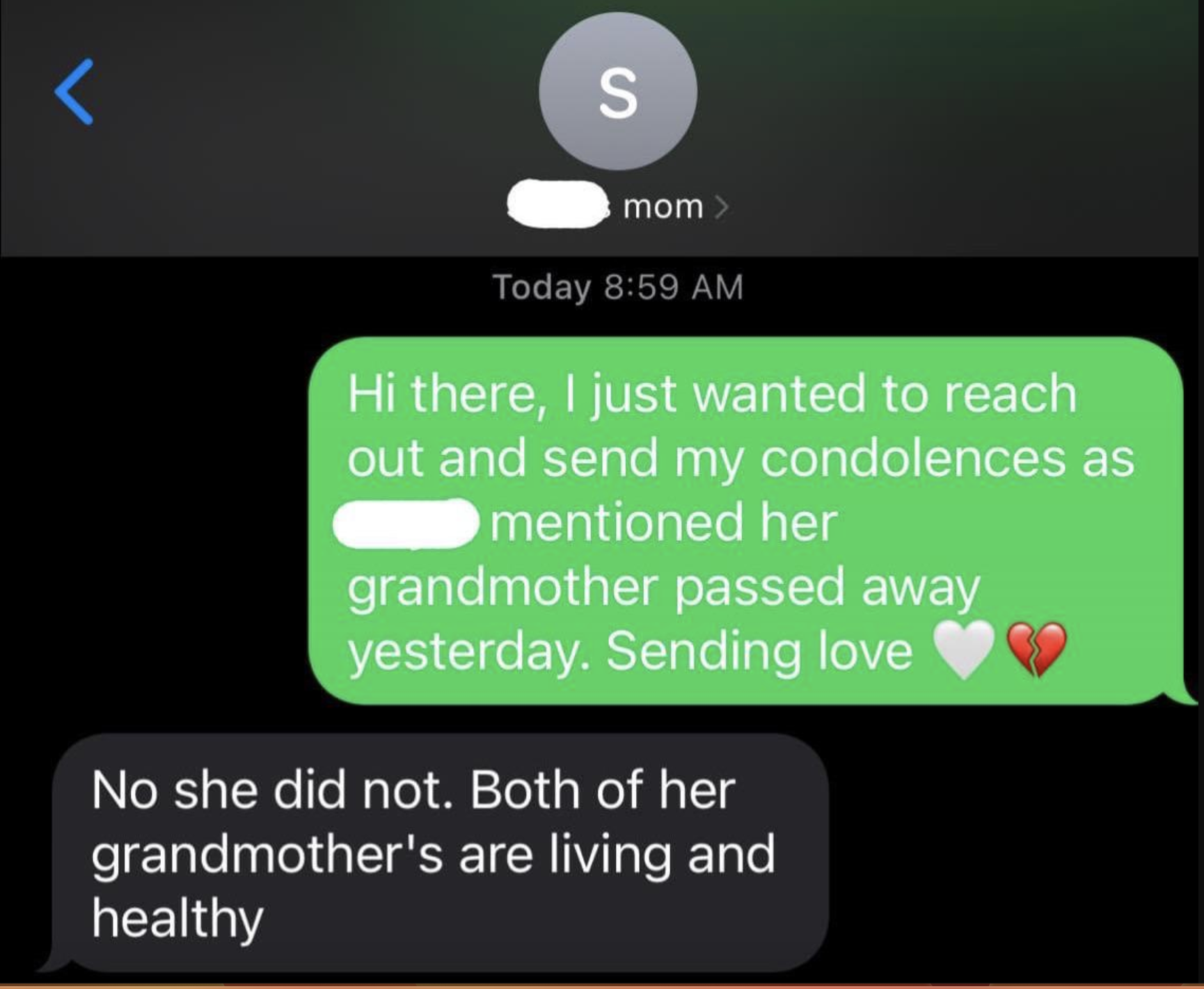 mom&#x27;s message says, no both of her grandmothers are living and healthy