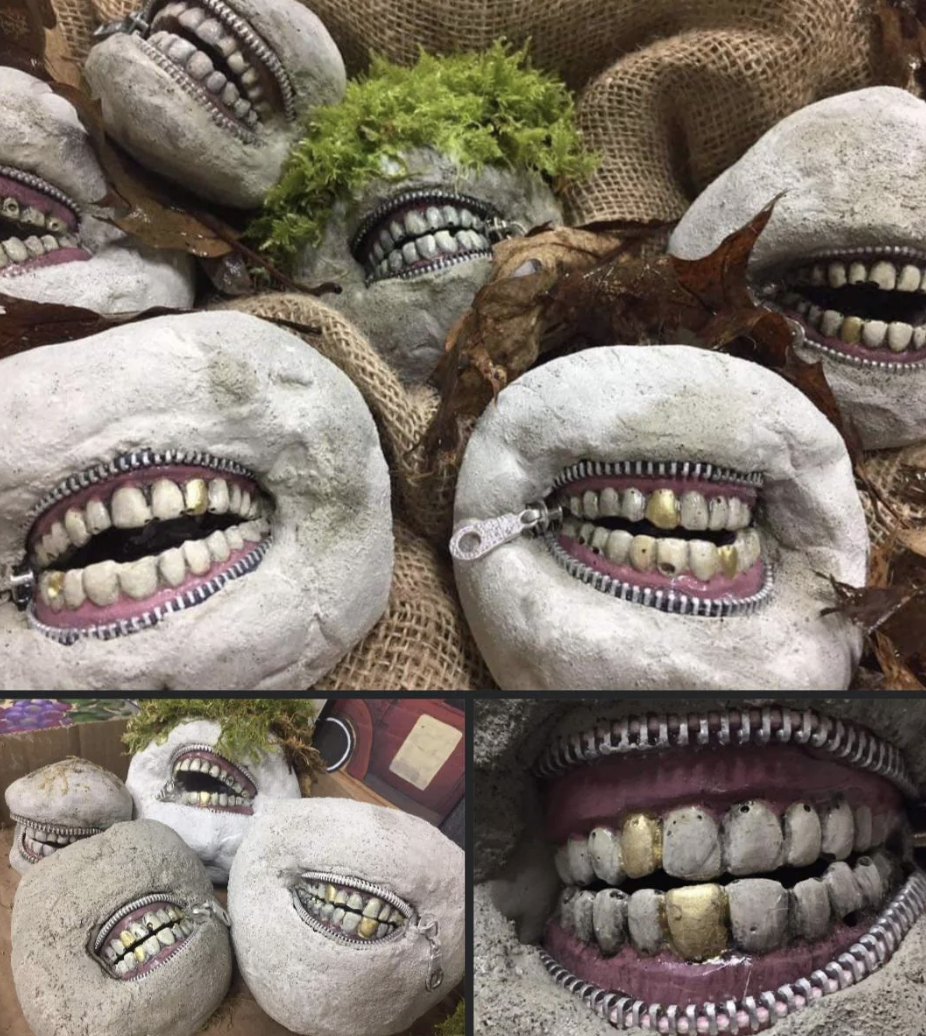 Rocks that have zippers made out of mouths with teeth in the middle of them for sale on FB Marketplace