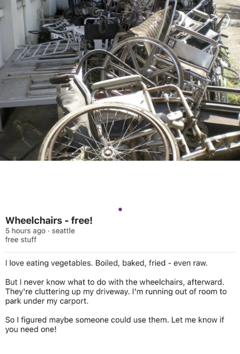 Someone selling a bunch of wheelchairs in their driveway