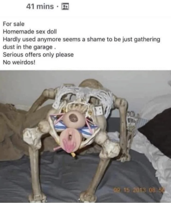 &quot;Homemade sex doll&quot; seemingly made of a skeleton, propped on a bed; caption says it&#x27;s &quot;hardly used anymore&quot;