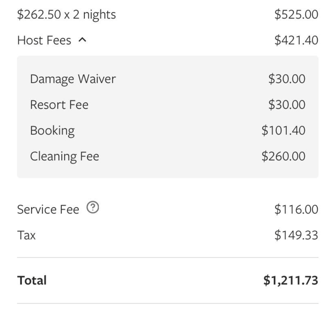 cleaning fee of $260 and booking fee of $100