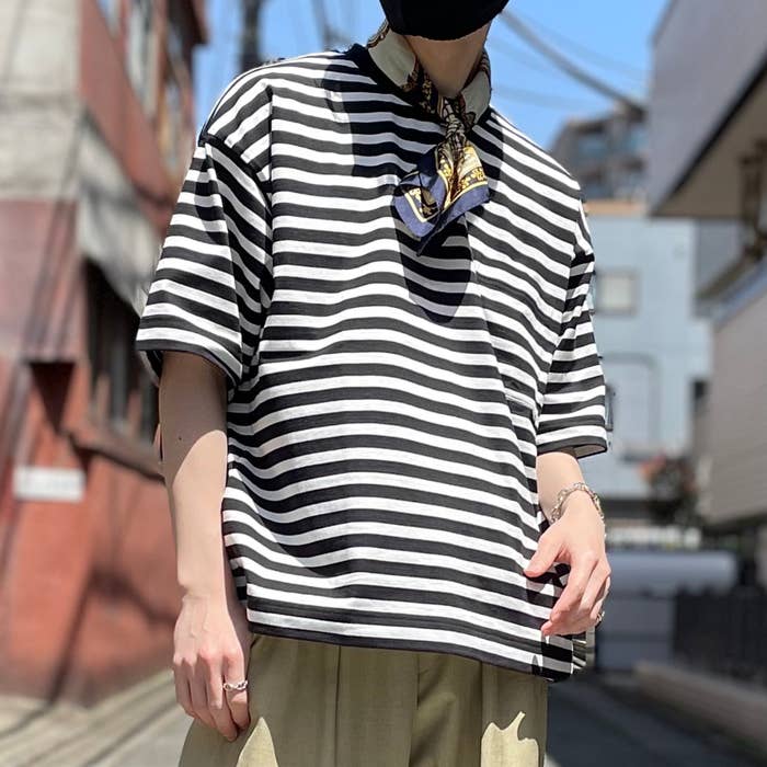 無印良品のおすすめのメンズアイテム「天竺編みクルーネックTシャツ（ボーダー）」