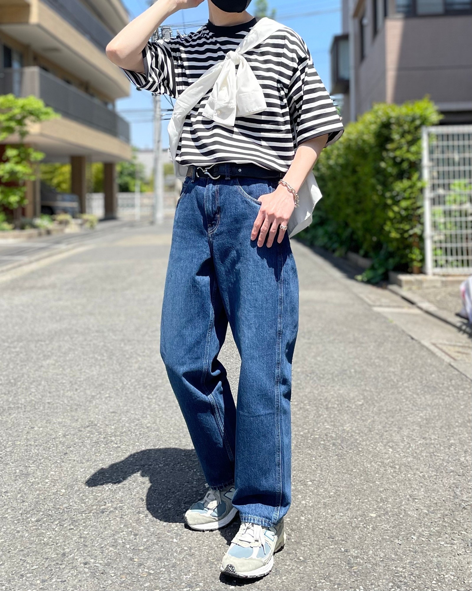 無印良品のおすすめのメンズアイテム「天竺編みクルーネックＴシャツ（ボーダー）」のコーディネート