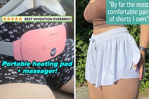 L: reviewer wearing a pink portable heating pad around their stomach R: reviewer wearing white flowy athletic shorts with built-in spandex shorts