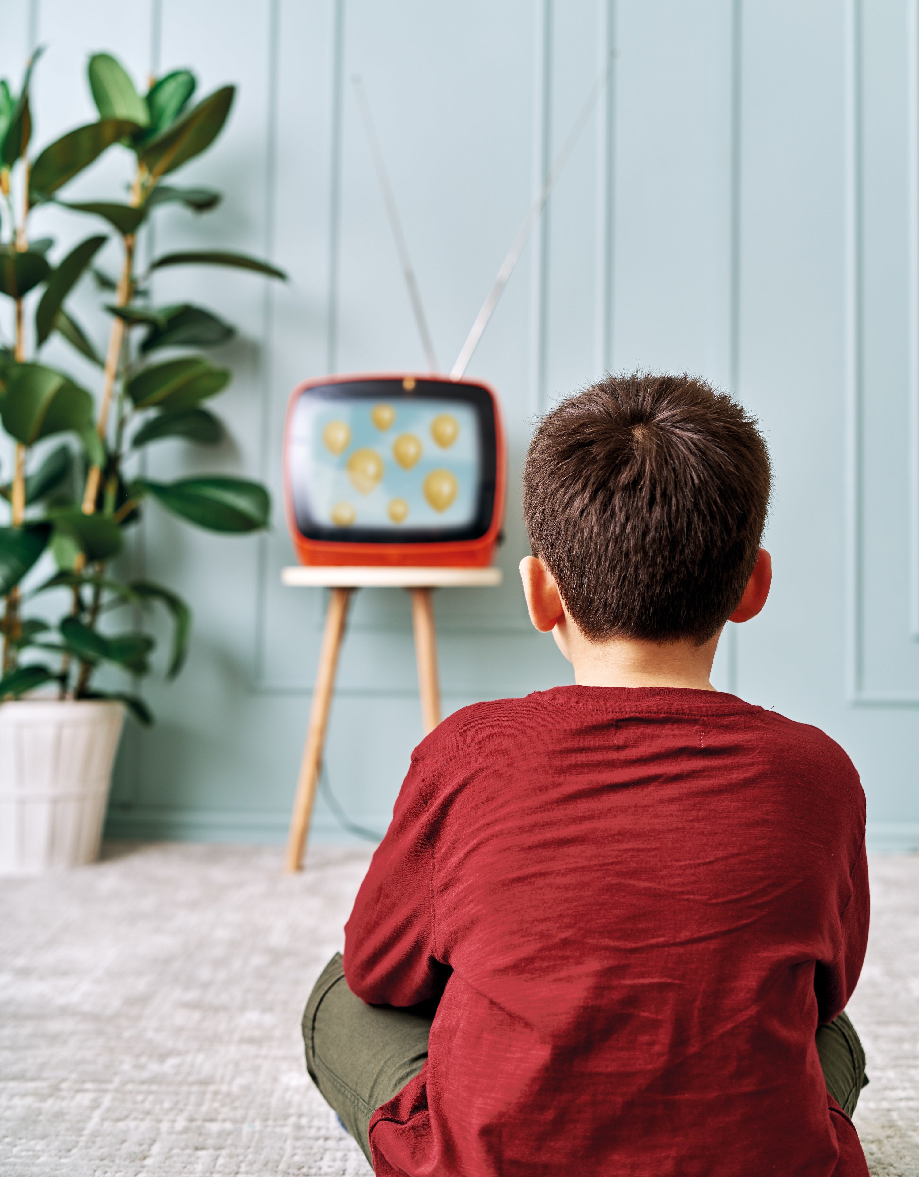 A boy watches a show at home on a retro TV set