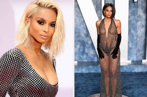 Ciara looks to the right as she poses for a photo on the red carpet vs Ciara poses for a photo with her hands on her thighs