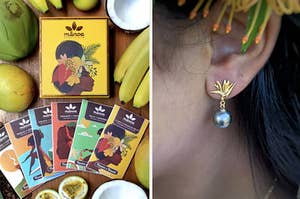colorful packages of Manoa chocolate (left); Pearl earring on ear (right)