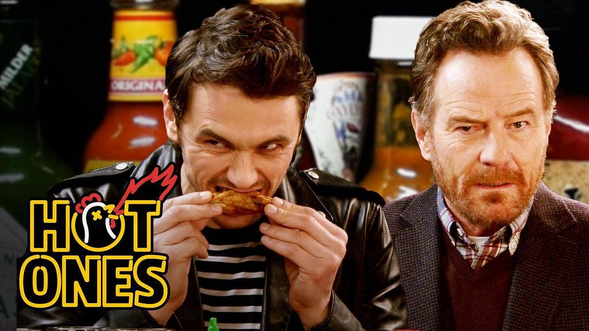 The co-stars of "Why Him?" James Franco and Bryan Cranston bond over dangerously spicy wings.