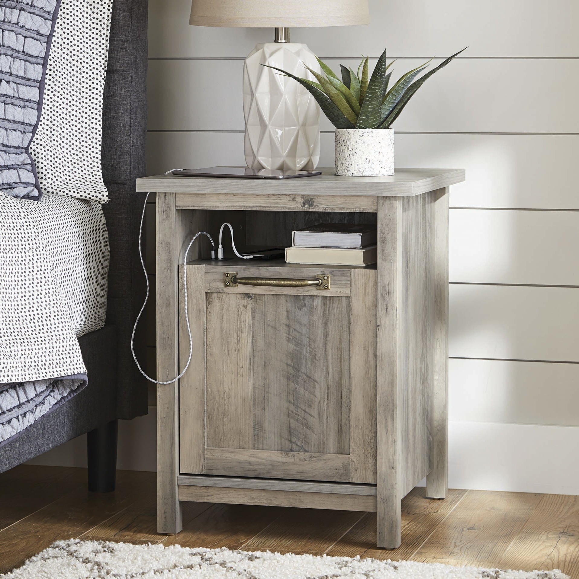 the nightstand with a built-in USB port in a bedroom