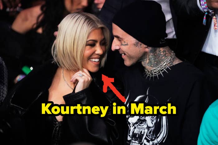 Closeup of Kourtney Kardashian and Travis Barker with an arrow pointing to Kourtney&#x27;s hair
