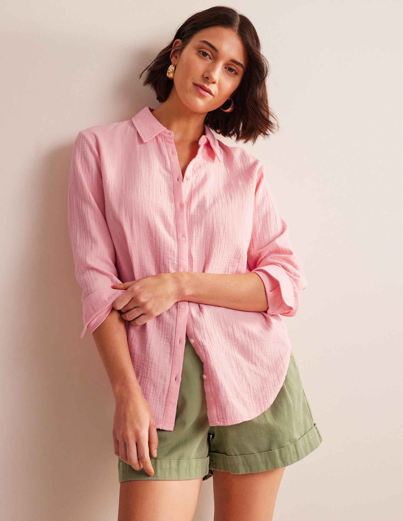 pink textured cotton button-up long sleeve shirt