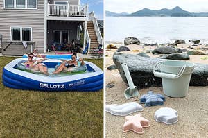 on left: reviewers lounging in inflatable blue pool. on right: blue bucket and shovel and sea creature-shaped sand toys on beach