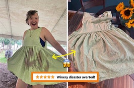 reviewer wearing stained dress, smiling then same dress with no stains