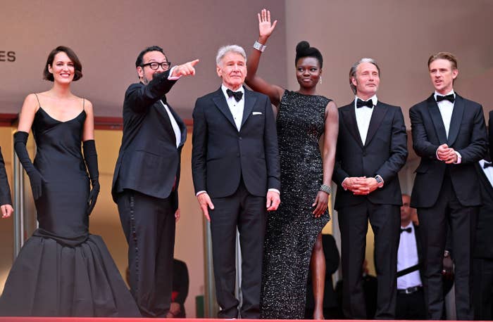 The cast of  “Indiana Jones and the Dial of Destiny&quot; at Cannes, including Harrison Ford and Mads Mikkelsen