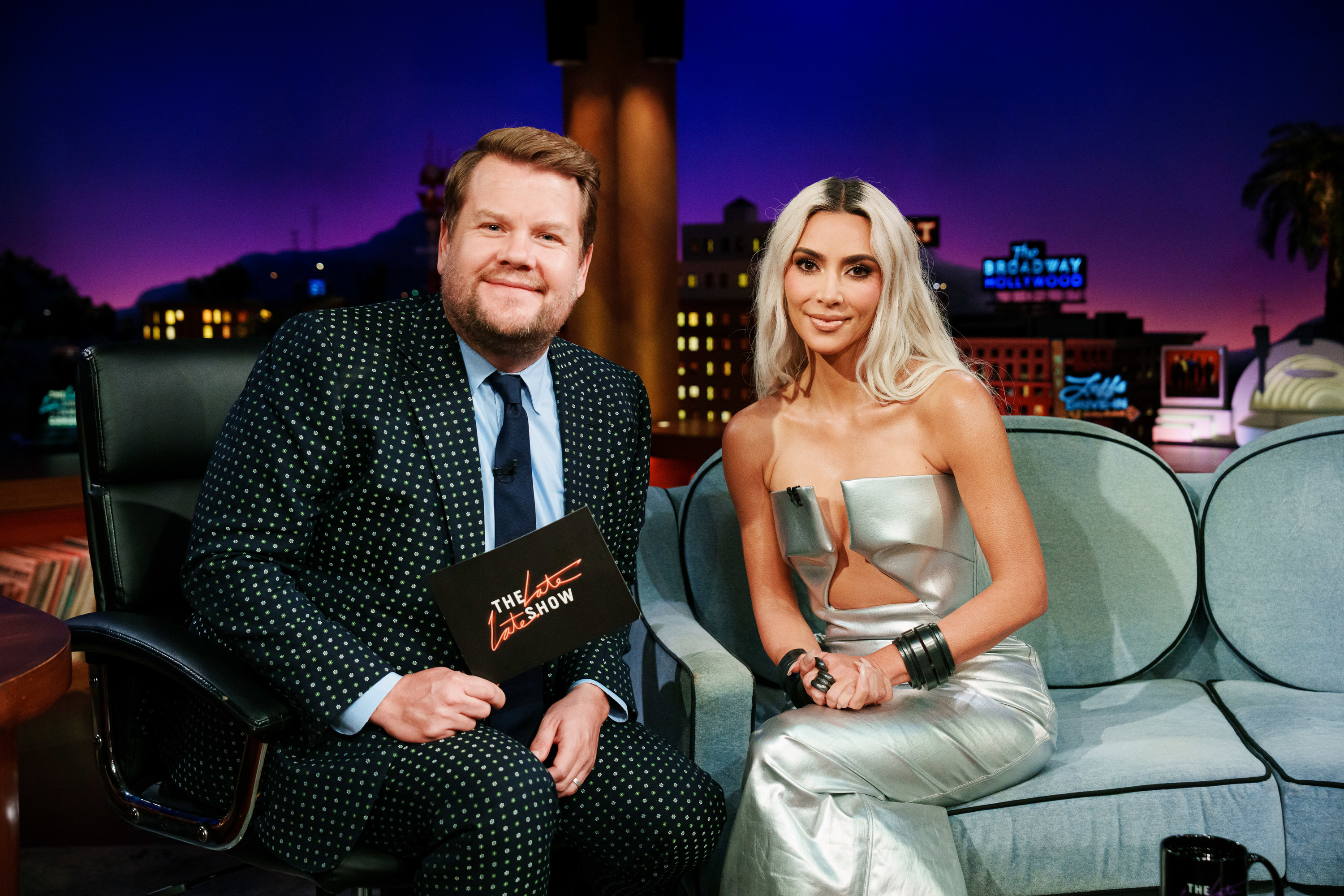 Closeup of James Corden and Kim Kardashian