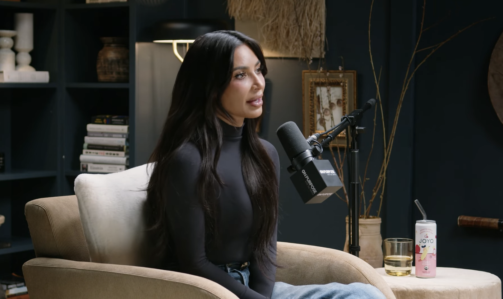 Closeup of Kim Kardashian during her interview with Jay Shetty