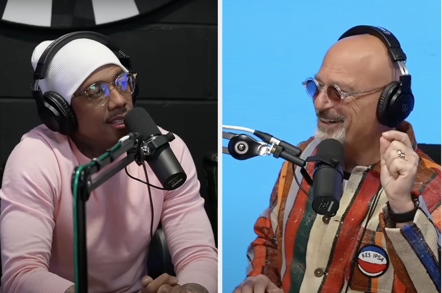 A side by side of Nick Cannon and Howie Mandel on Howie's podcast