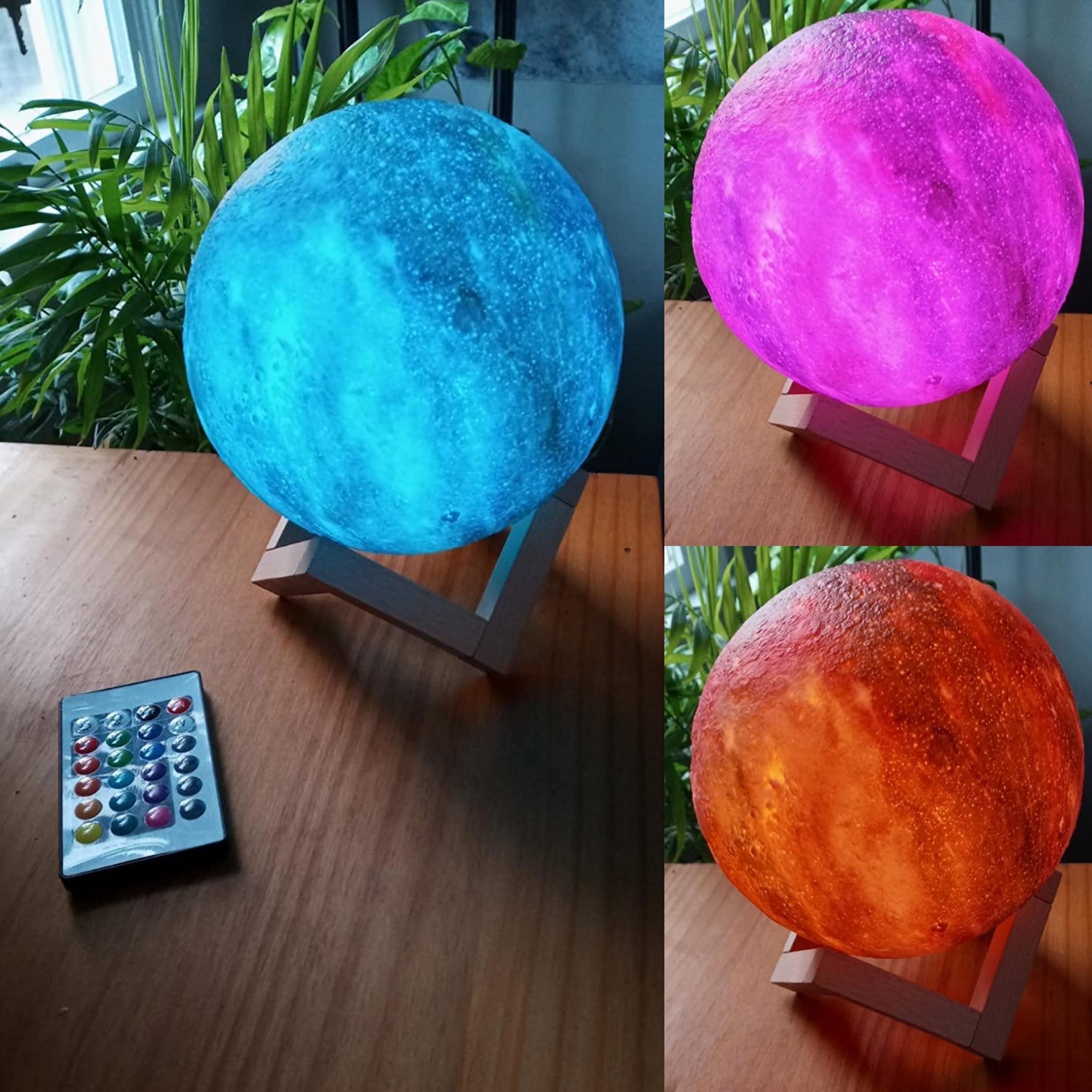 Reviewer&#x27;s image of moon lamp lit up in three different colors
