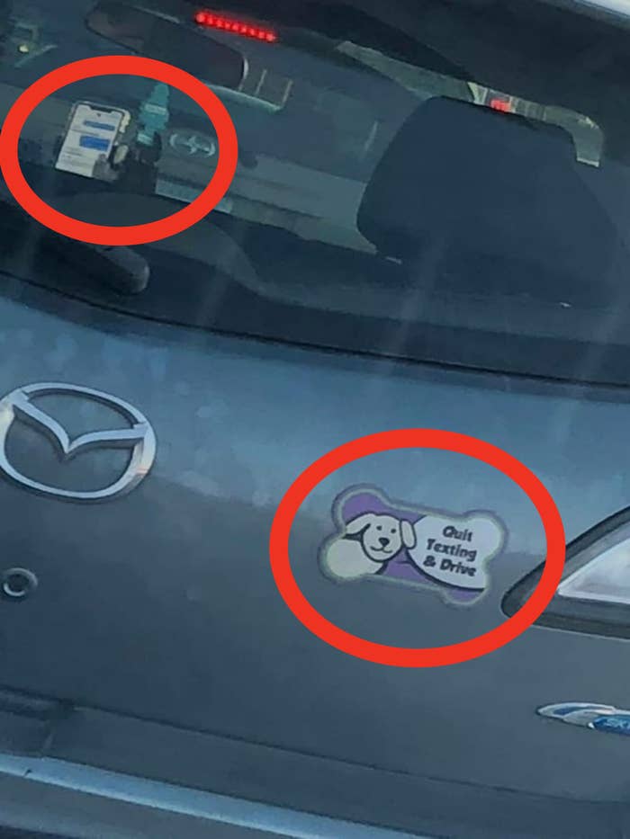 A sticker that says "Quick texting & drive"