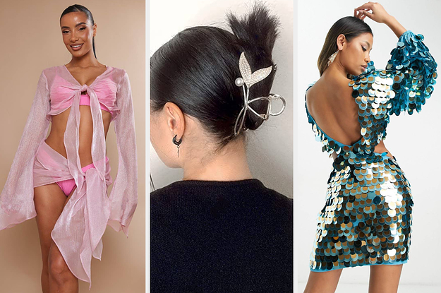 side by side photos of a model wearing a pink cover up sarong and long sleeve crop and another person wearing a mermaid claw clip in their hair