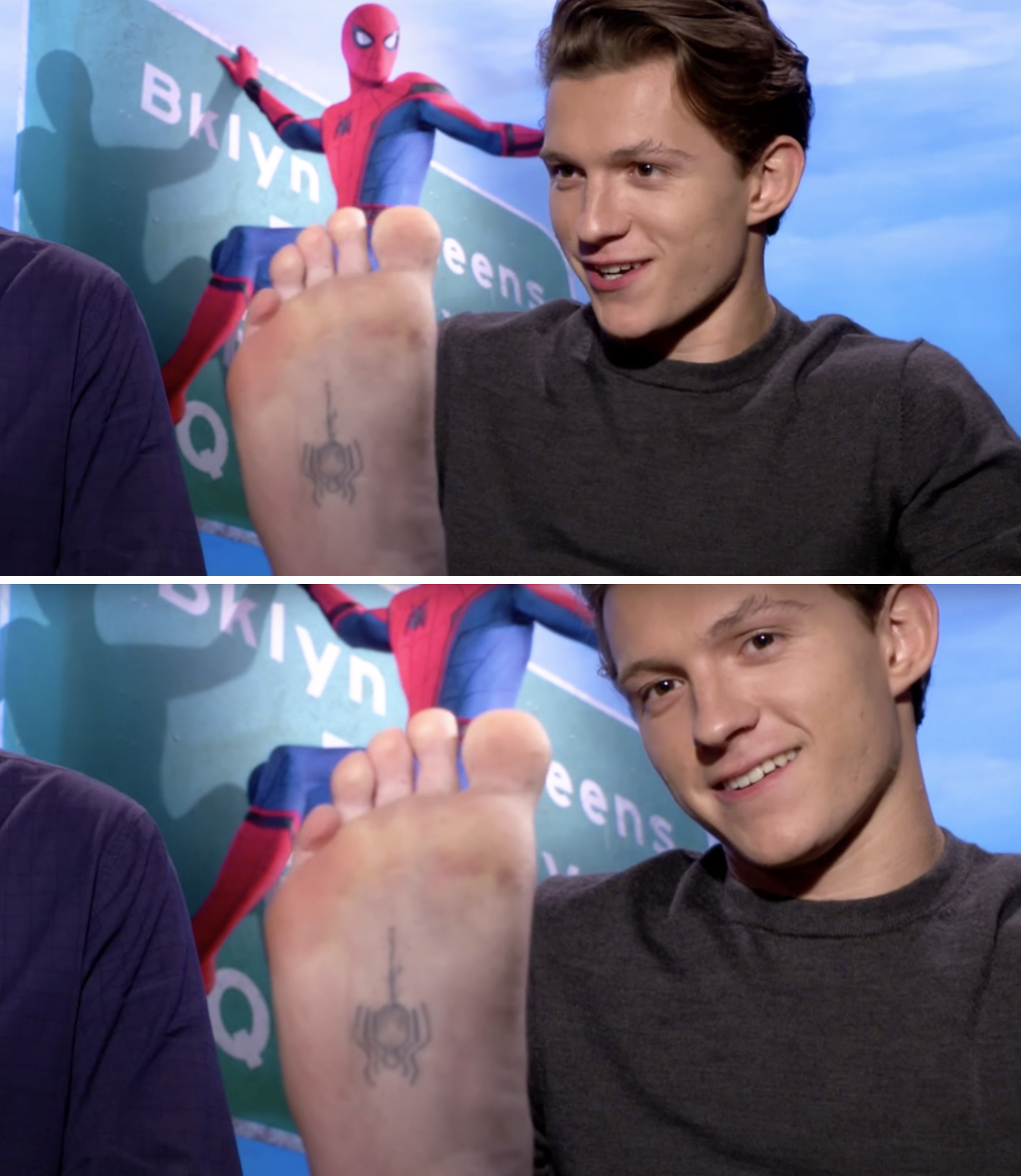 Tom Holland showing his Spider-Man tattoo
