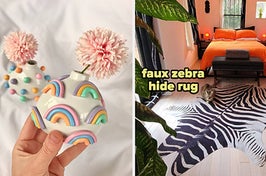 person holding bud vase with rainbow design / reviewer's faux zebra hide rug