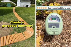 a cedar pathway in a backyard and text that reads "create a gorgeous pathway"; a soil meter in the ground and text that reads "everyone should have one"