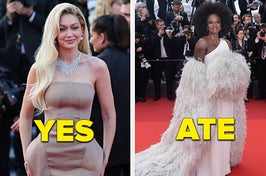 Gigi Hadid poses for a photo with her hands by her side at Cannes Film Festival vs Viola Davis poses for a photo with her hand resting above her stomach at Cannes Film Festival
