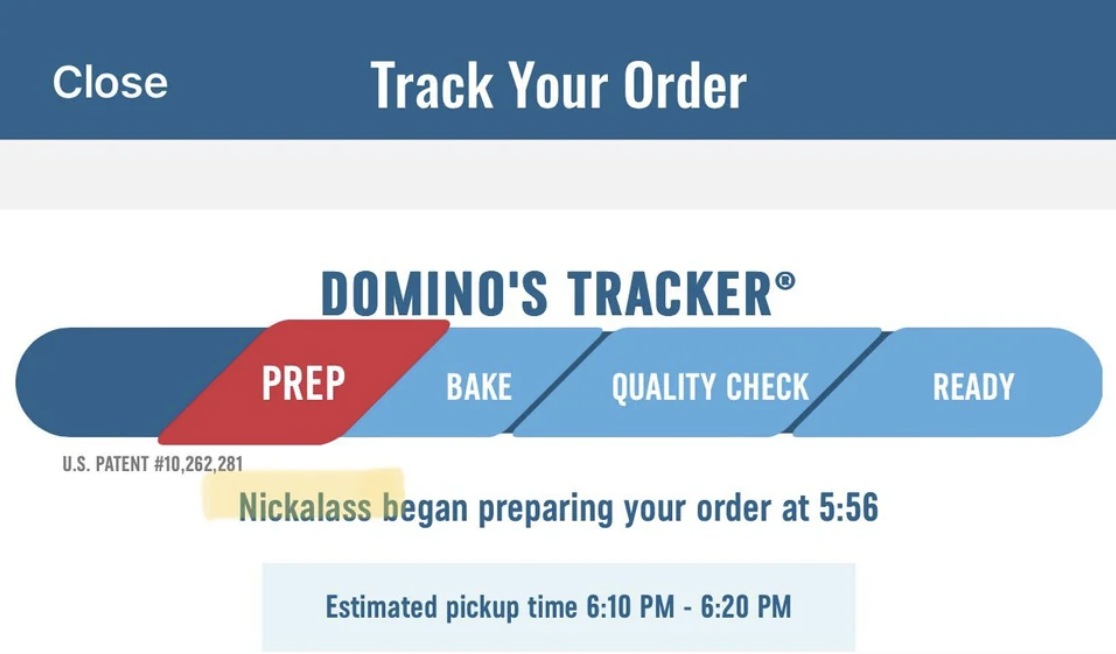 &quot;Nickalass began preparing your order at 5:56&quot;