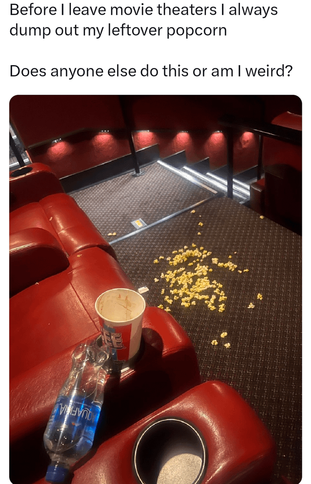 Popcorn and drinks spilled in a movie theater