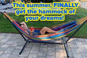 A reviewer laying in a striped hammock on a steel stand aand text reading "This summer, FINALLY get the hammock of your dreams!"