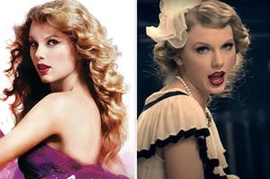 taylor swift on her "speak now" cover next to a separate image of her singing with lipstick and a pearl necklace on
