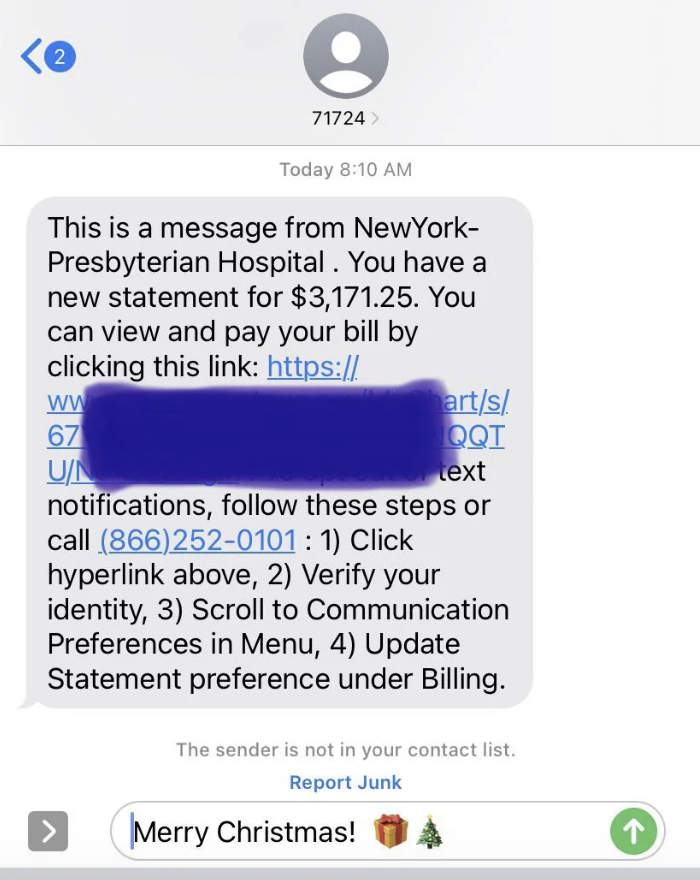 A text from a medical provider with someone&#x27;s balance