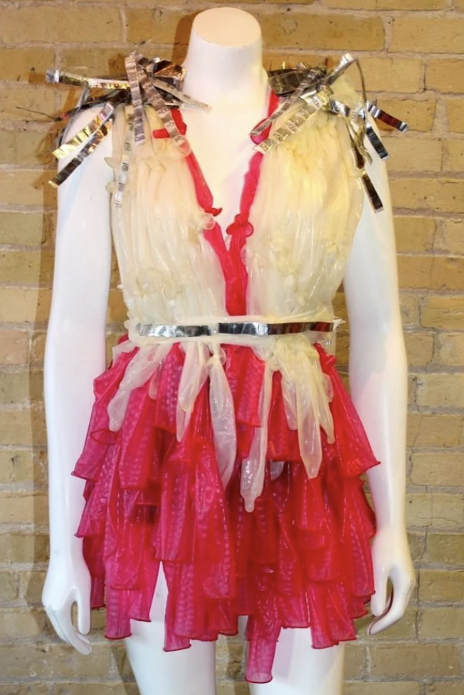 Minidress made out of hanging condoms