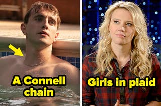 connell from normal people in a pool wearing a chain necklace and kate mckinnon wearing a plaid shirt