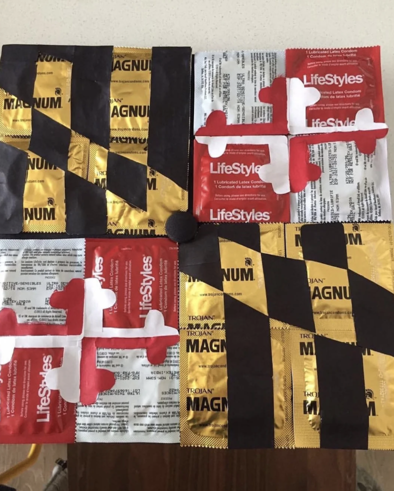 Maryland flag made out of different-colored Magnum and LifeStyle condom packs