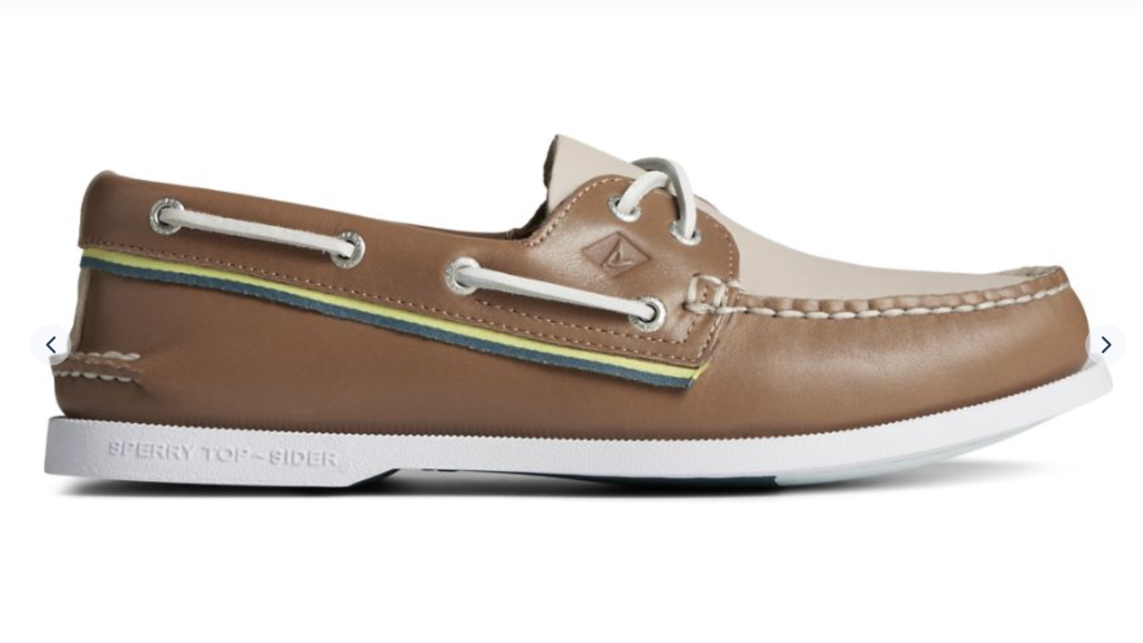 A brown and tan single Sperry boat shoe