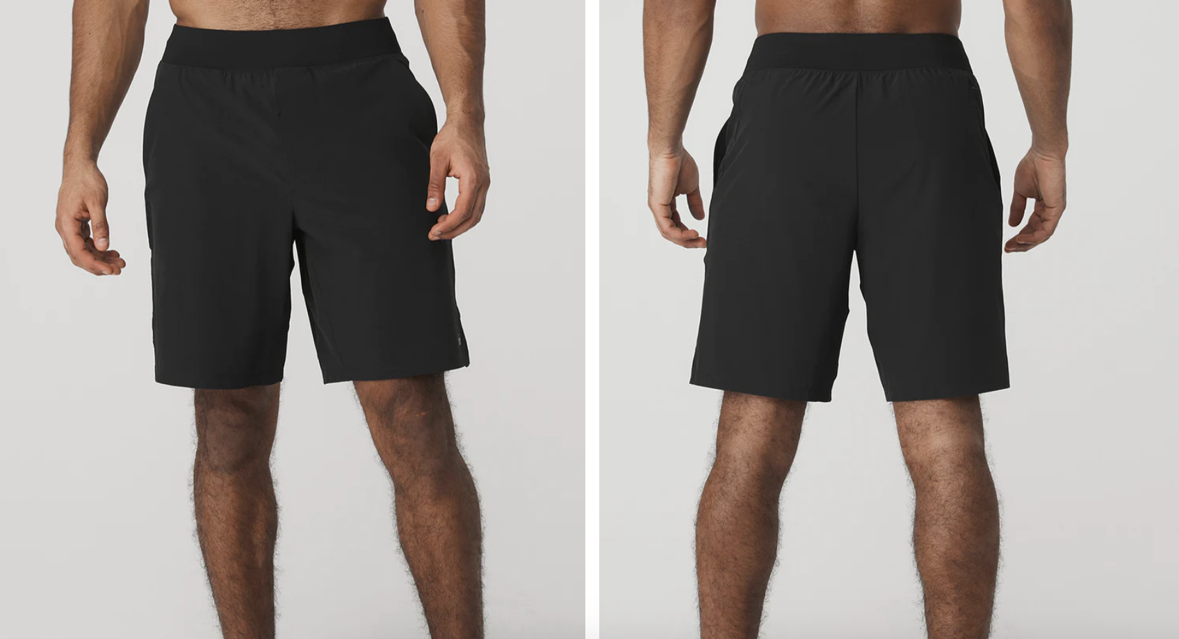 first photo is the front view of a man wearing Alo black shorts, second photo is a man from behind wearing black Alo shorts