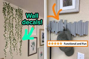L: a reviewer photo of string of pearl wall decals and text reading "Wall decals!", R: a reviewer photo of a flip-down hook system and a five-star review titled "Functional and fun"